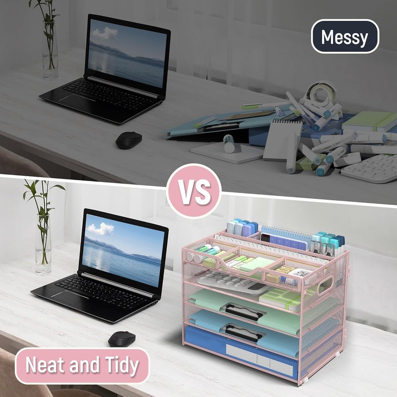 Docnest 5 Tier Mesh Desk Organizer- Letter Tray with Adjustable Compartments, Mesh Desktop Storage Built in Pen Holder and Handles, Desk Organizer Tray for Mail Documents Office Supplies–Pink - Image 2